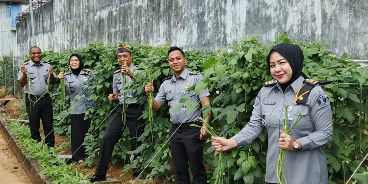 Kepala Rutan Kelas I Palembang Panen Kacang Panjang dan Kangkung Bersama Napi